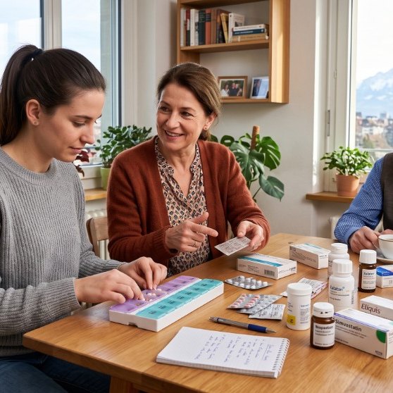 Pflegefachperson plant Medikamente mit Angehörigen zu Hause