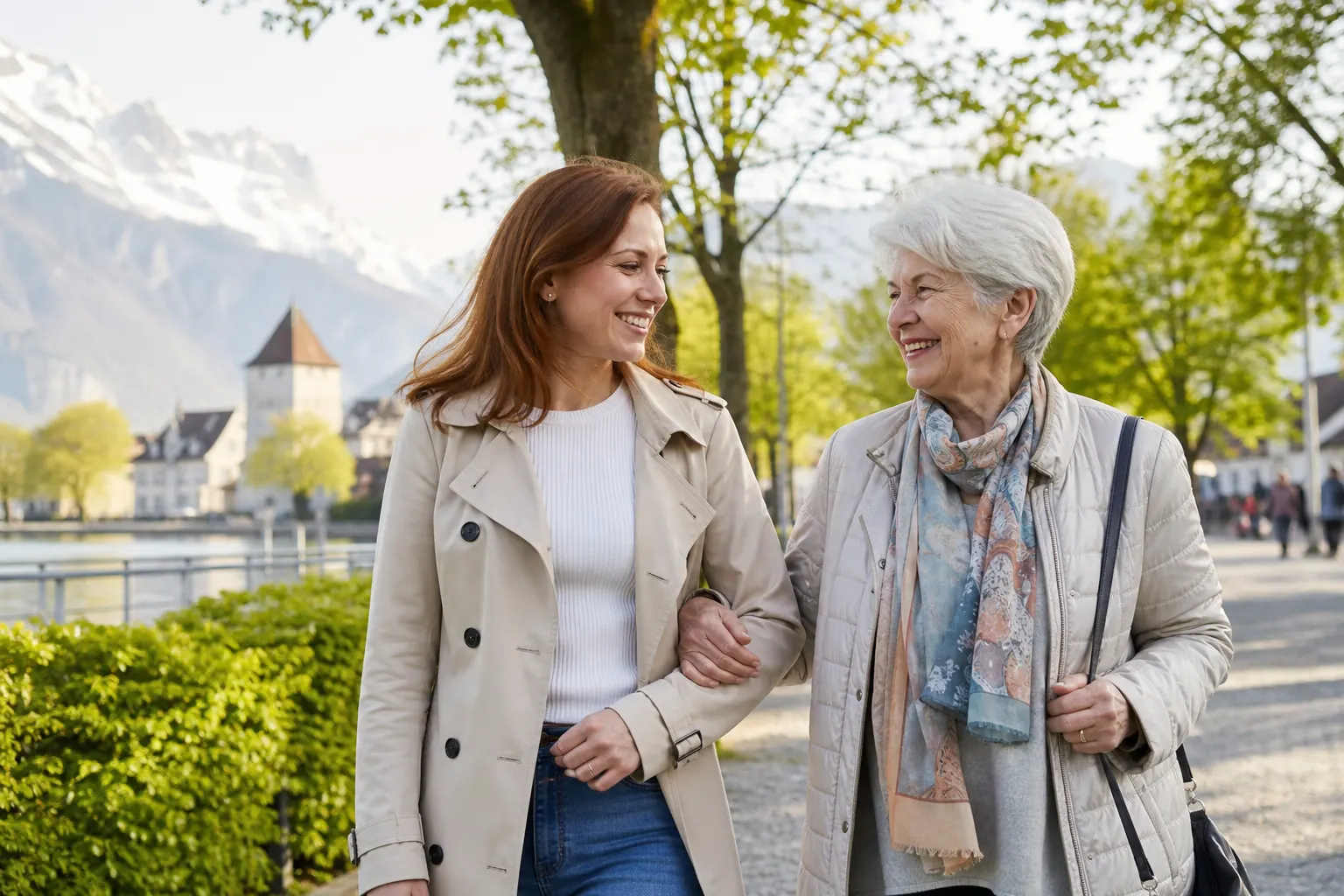 Begleitung einer älteren Dame im Freien